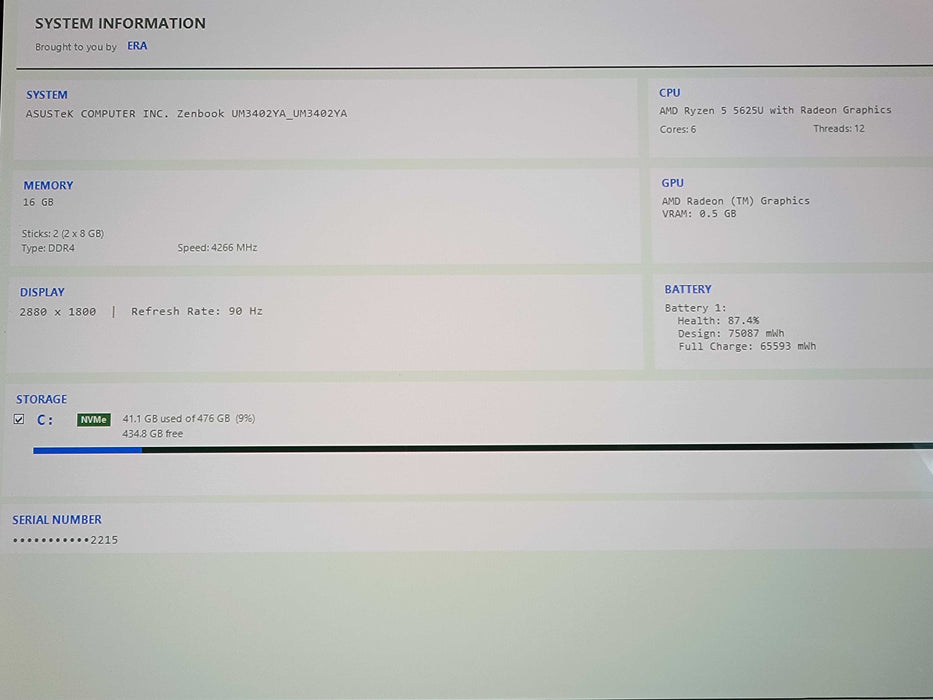 Asus Zenbook 14" Oled Ryzen 5-5625U 16GB DDR4 500GB SSD ( Lap200