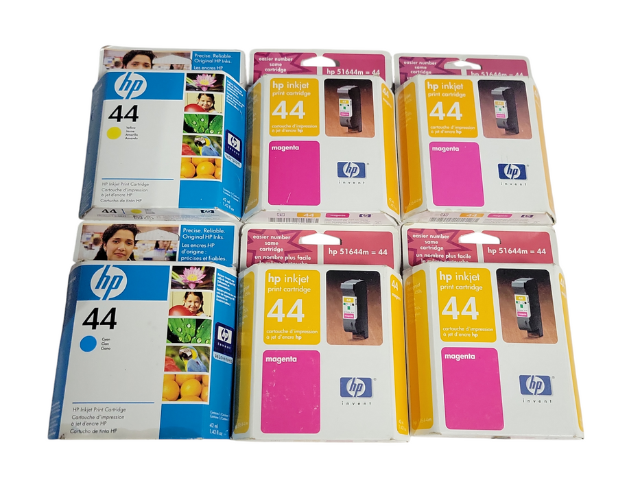 Lot of 6x New HP inkjet print cartridge 44 (4x Magenta, 1x Cyan, 1x Yellow) _