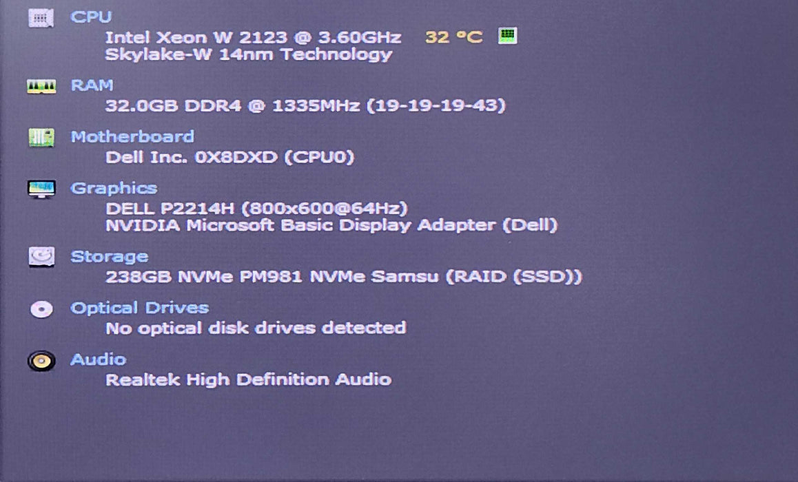 Dell Precision 5820 Tower, Xeon W-2123, 32GB DDR4, 256GB NVMe, P2000, 950W