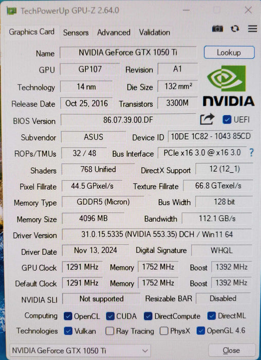 ASUS ROG Strix GTX 1050Ti 4GB Graphics Card - 1xHDMI 1xDP 2xDVI