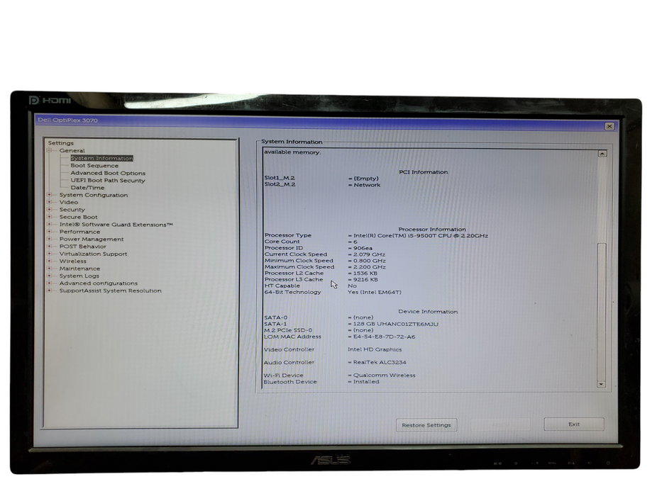 Dell OptiPlex 3070 USFF, i5-9500T, 8GB PC4 128GB SATA No OS w/ WiFi antenna Q