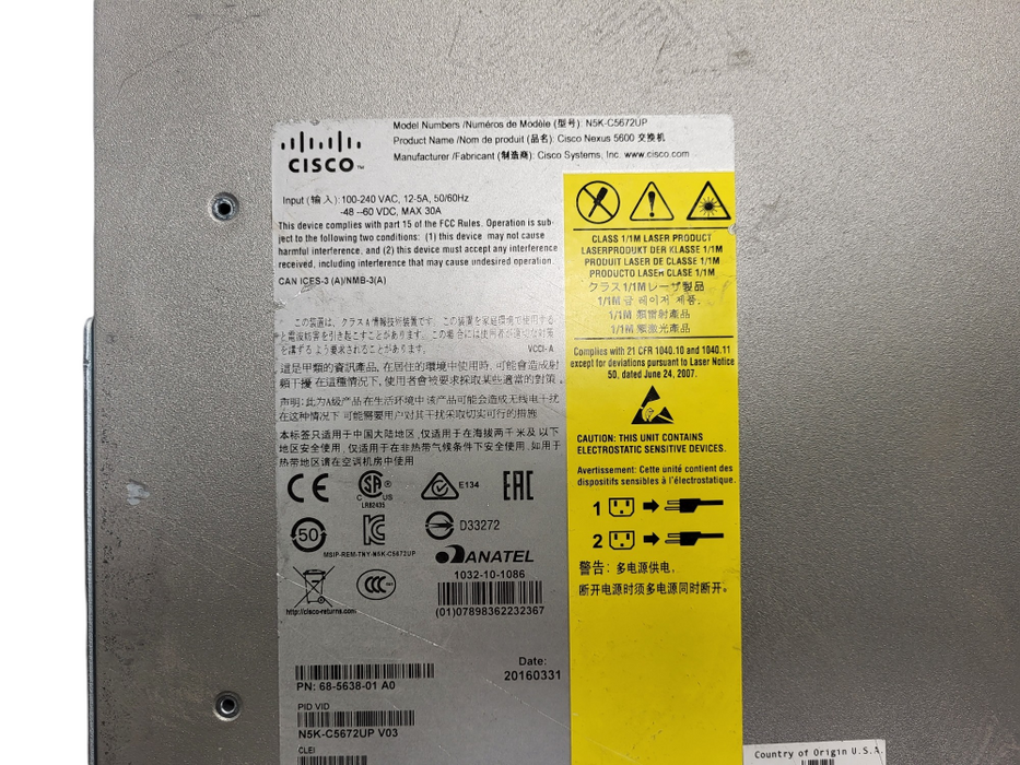 Cisco Nexus N5K-C5672UP 48x 10G SFP+ 6x 40G QSFP+ Switch w/2x AC Q$