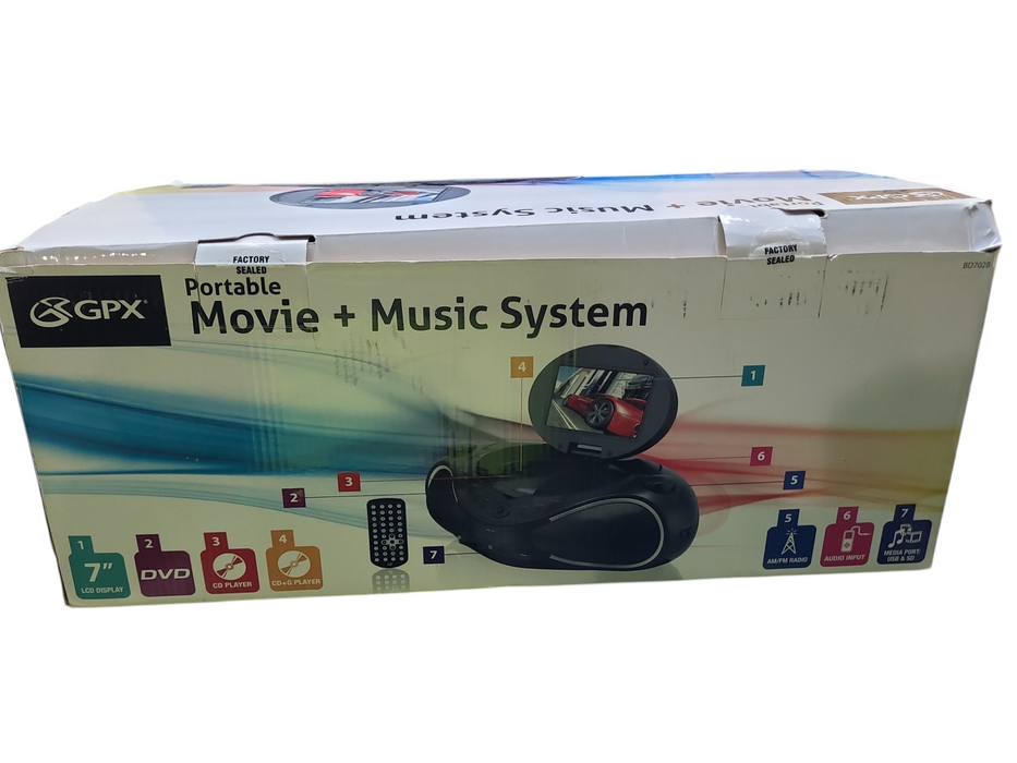 GPX Portable Boombox Music and Movie System 7" LCD Display Model BD702B
