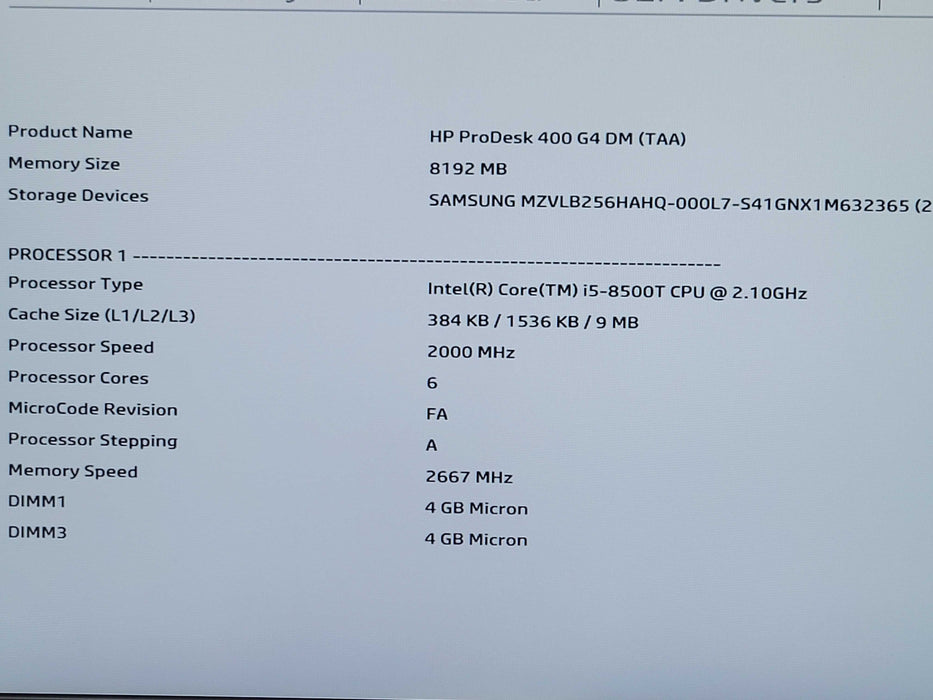 HP ProDesk 400 G4 USFF i5-8500T 8GB RAM 256GB nVME, with AC, READ _