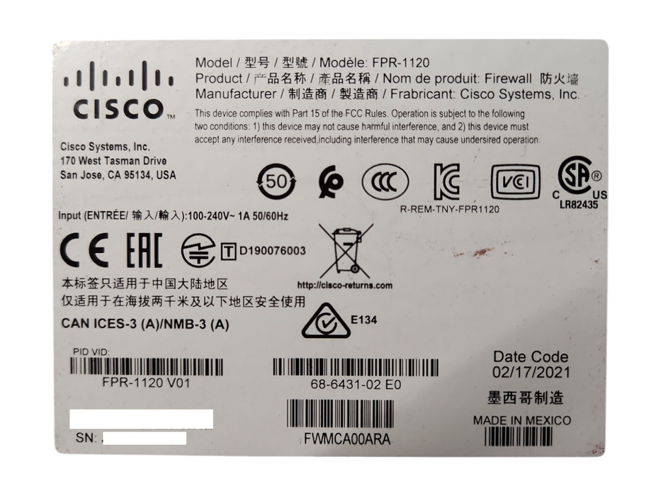 Cisco Firepower FPR-1120 Firewall Device FPR1120-NGFW-K9 + FPR1K-SSD200