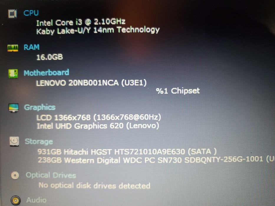 Lenovo E590 Laptop i3-8145U 2.10GHz 256GB SSD 1TB HDD 16GB RAM READ  Lap200