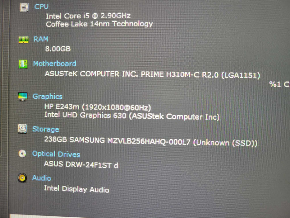 Custom/Asus Desktop PC, Core I5-9400 2.90GHz, 8GB DDR4, 256GB Nvme _