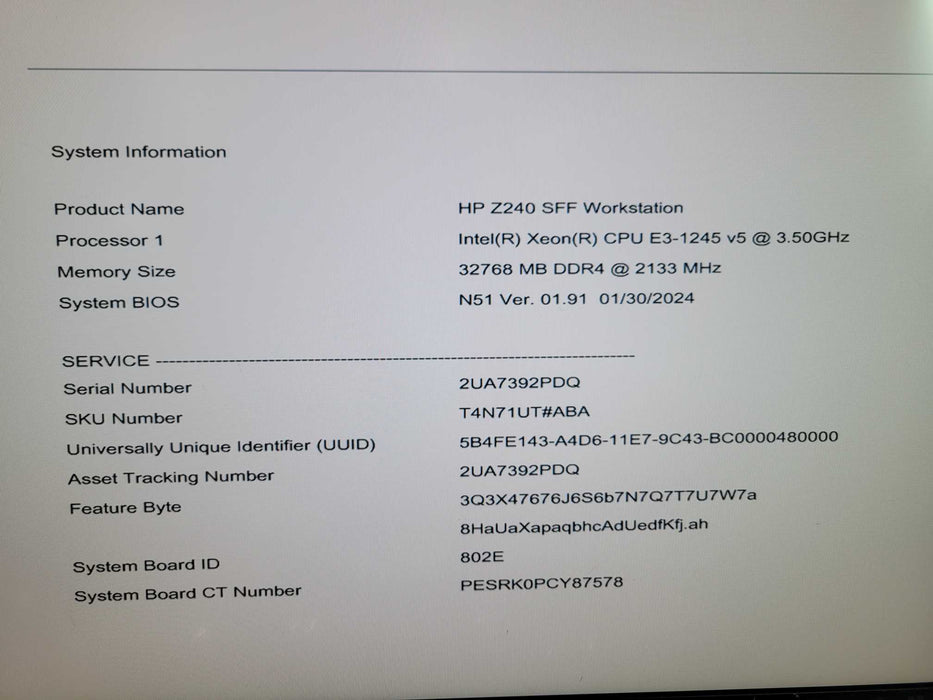 HP Z240 SFF Workstation - Xeon E3-1245 v5 32MB DDR4 NO HDD 240W PSU %