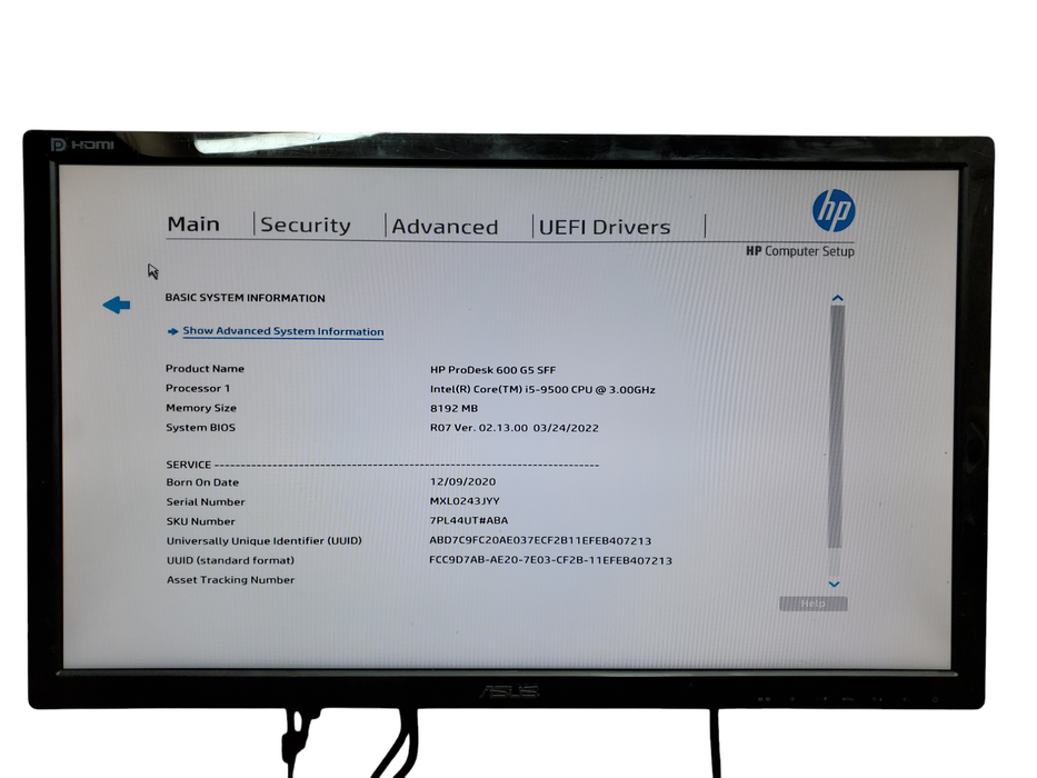 HP ProDesk 600 G5 SFF | Intel Core i5-9500 @3.00GHz, 8GB DDR4, No HDD