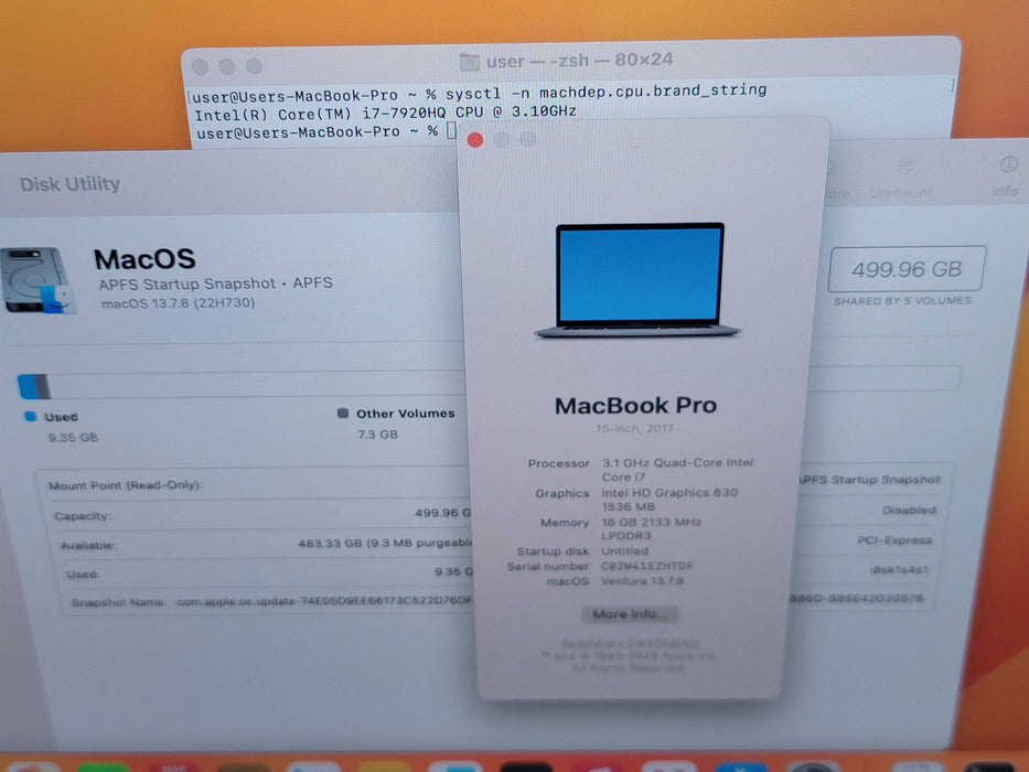Apple Macbook Pro 2017 15" 4-Core i7-7920HQ @ 3.1GHz 16GB RAM 500GB SSD GPU (