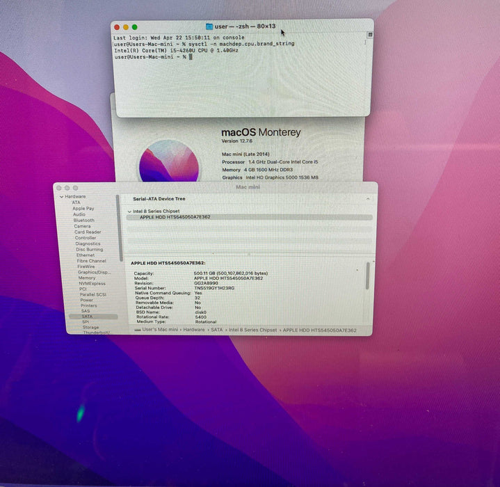 Apple Mac Mini Late  2014 Intel Core i5-4260U@1.40GHz 4GB RAM 500GB HDD