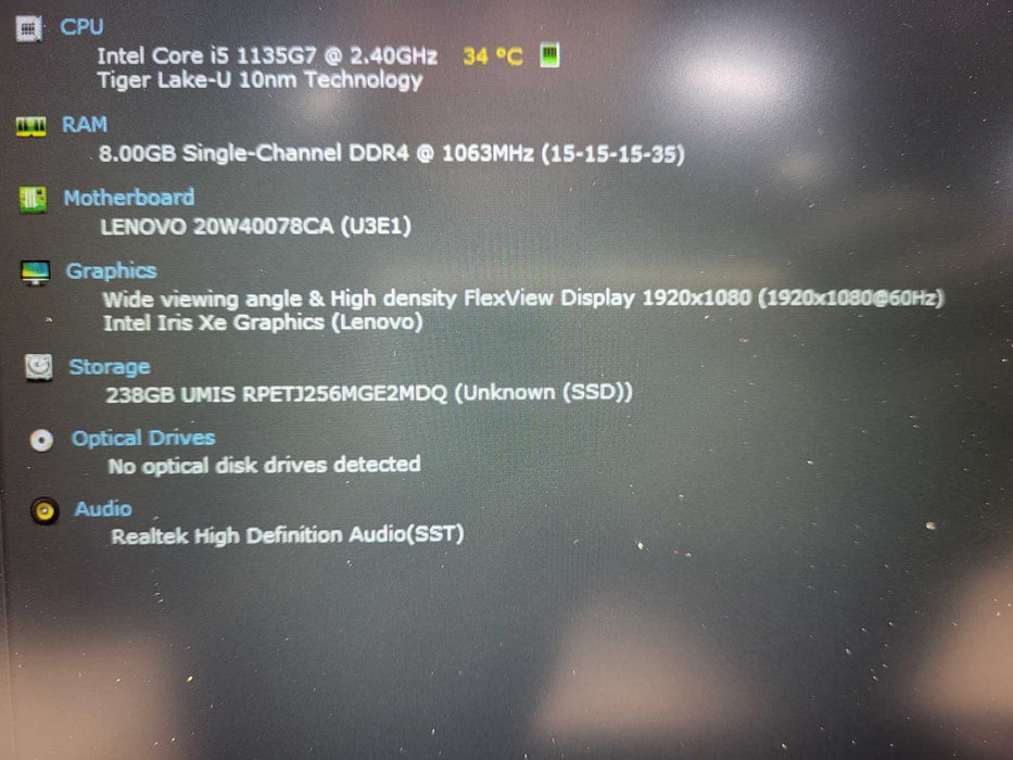 Lenovo ThinkPad T15 Gen 2 Core i5-1135G7@2.4GHz 8GB RAM 256GB SSD $