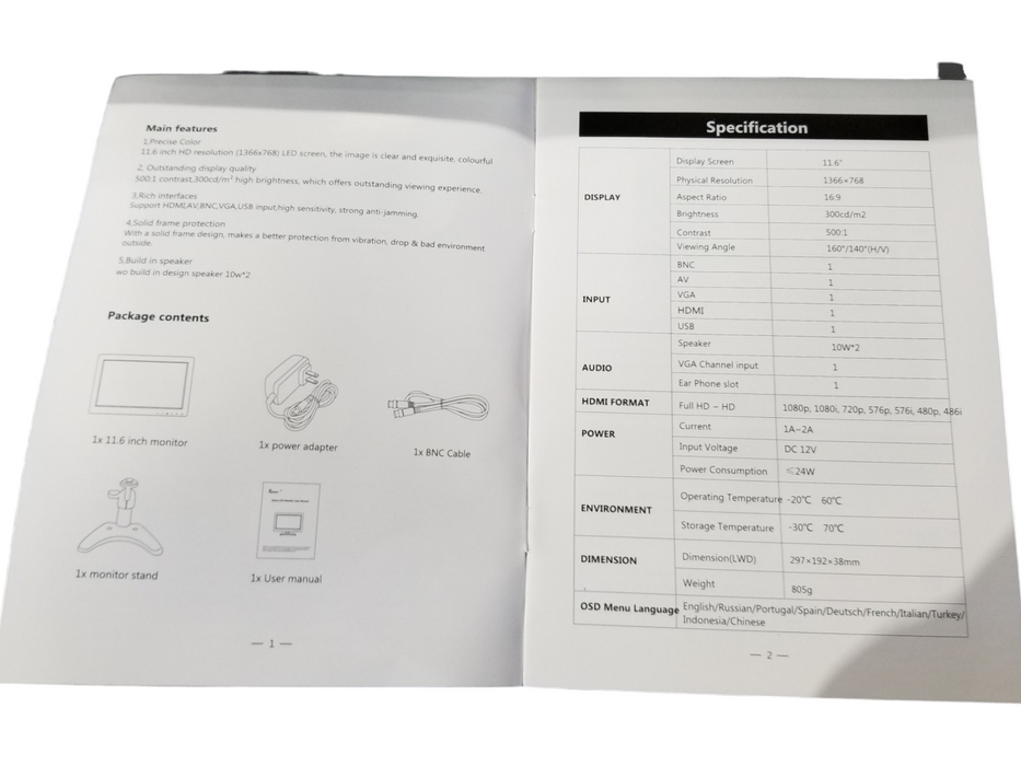 Eyoyo EM12B 11.6" TFT LCD Portable And/or Cart backup Monitor 1366 X 768 HD Q