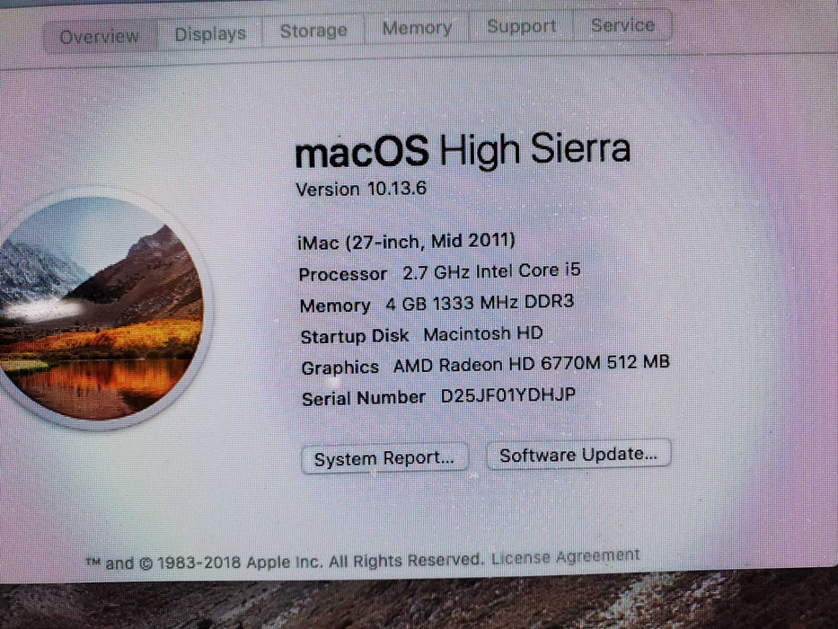Apple iMac A1312 2011 Intel i5 2400 3.10GHZ 27" 4GB 1TB HDD OSX High S