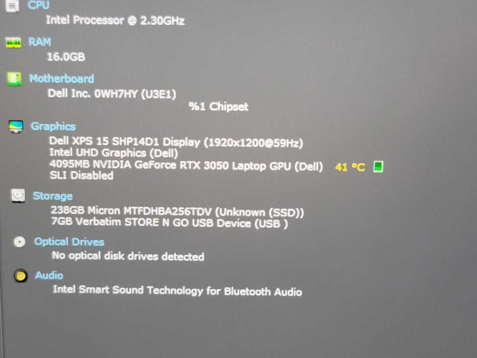 Dell XPS 15 9510 i7-11800H 2.3GHz 16GB GB DDR4 RTX 3050 256GB NVMe NO AC β Lap200