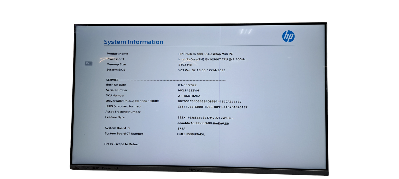 HP ProDesk 400 G6 i5-10500T CPU, 8GB DDR4, 256Gb NMVe W/ AC
