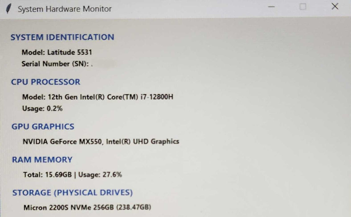 Dell Latitude 5531 Touch, i7-12800H, 16GB DDR5, 256GB SSD, GeForce MX550  Lap200