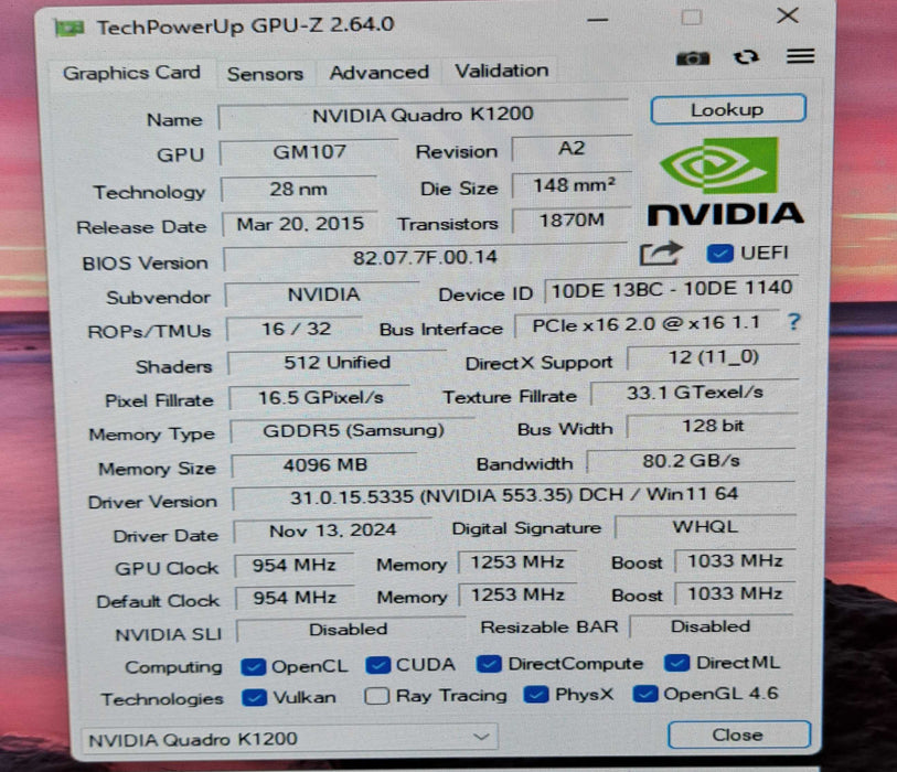 NVIDIA Quadro K1200 4GB GDDR5 Low Profile Graphics Card | 4x Mini DP