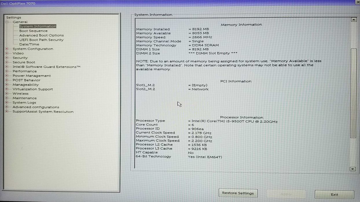 Dell OptiPlex 7070 USFF Core i5-9500T CPU 2.20GHz 8GB RAM - No HDD Q