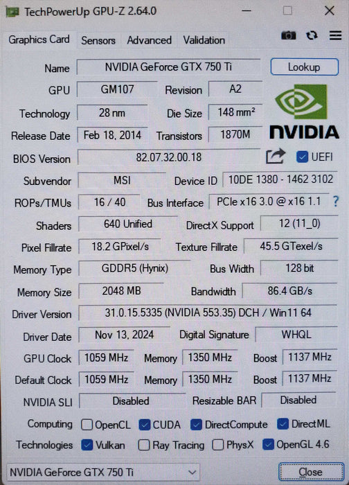 MSI NVIDIA GeForce GTX 750 Ti Twin Frozr 2GB GPU