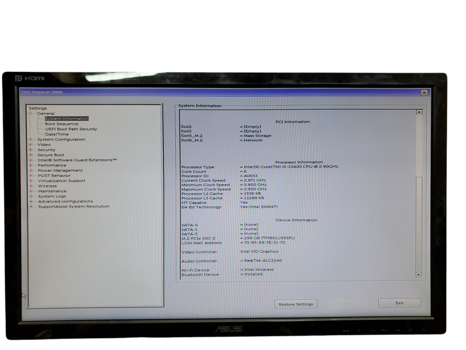 Dell Inspiron 3880 Tower, i5-10400@2.90GHz, 8GB DDR4, 256GB NVMe, No OS
