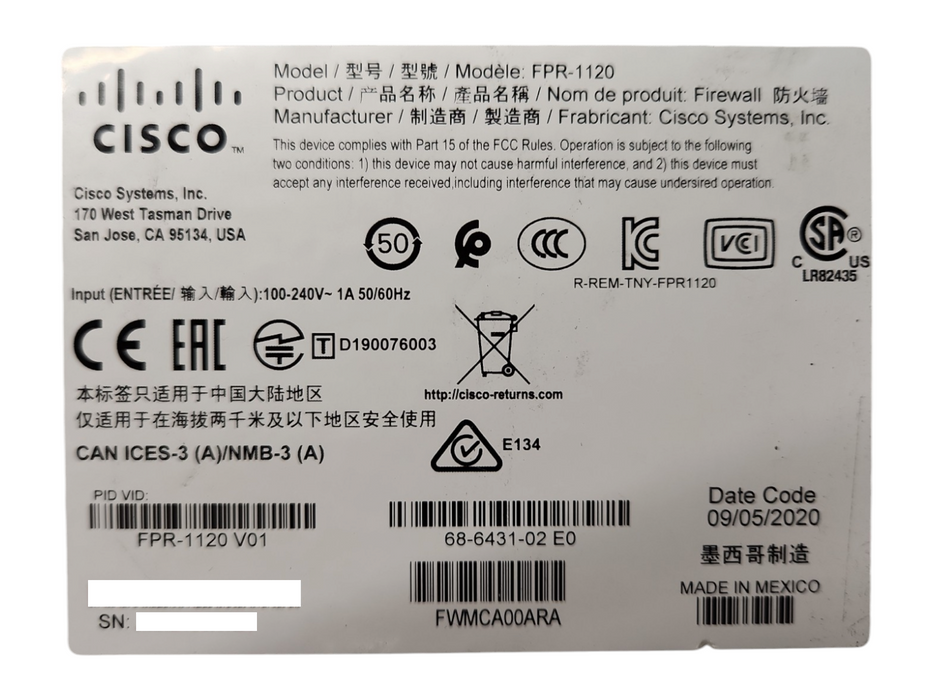 Cisco Firepower FPR-1120 Firewall Device FPR1120-NGFW-K9 + FPR1K-SSD200