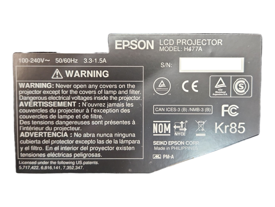 Epson PowerLite 1771W WXGA Projector Model: H477A, Lamp Hour: 416HRs