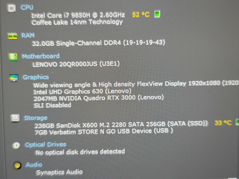 Lenovo ThinkPad P73 i7-9850H 32GB DDR4 RTX 3000 256GB M.2 SSD PARTS/REPAIR β Lap200
