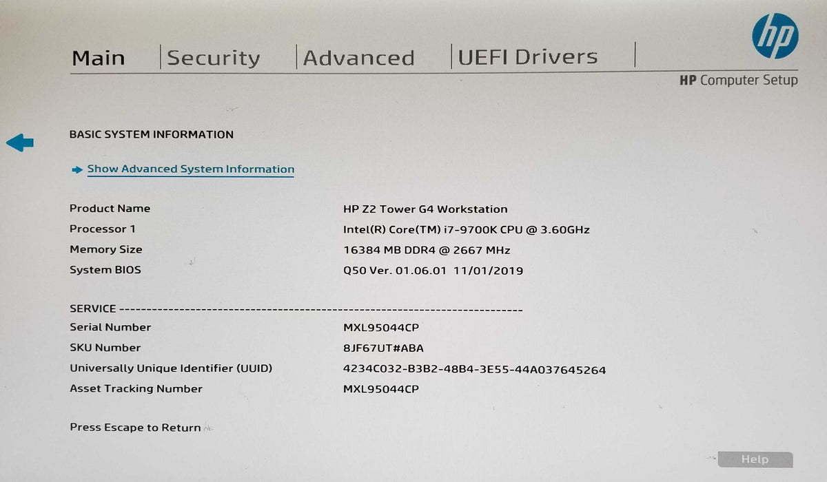 HP Z2 Tower G4 WorkStation, Intel i7-9700K CPU 3.60GHz, 16GB RAM - NO HDD