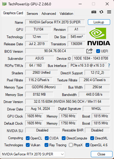ASUS NVIDIA GeForce RTX 2070 Super 8GB GPU Q