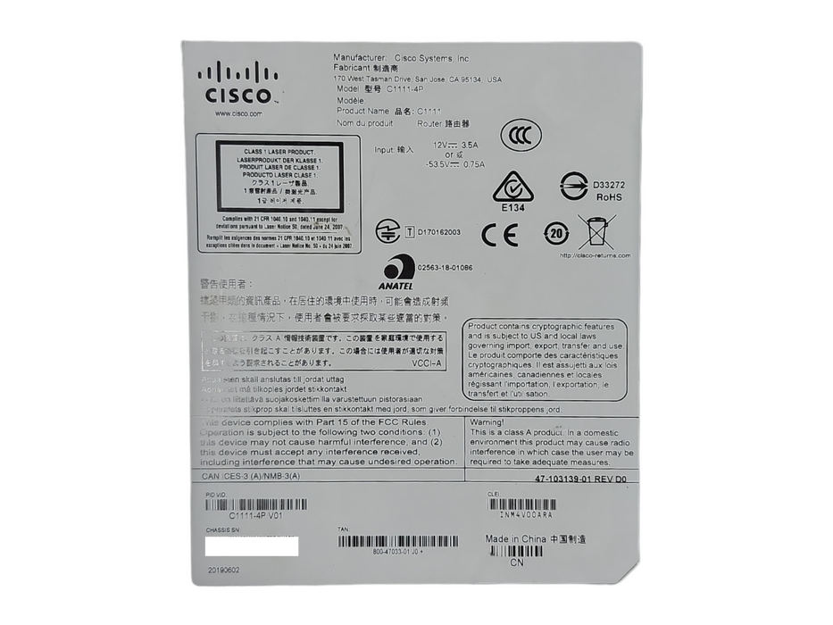 Cisco ISR 1100 Series C1111-4P V01 Services Integrated Router