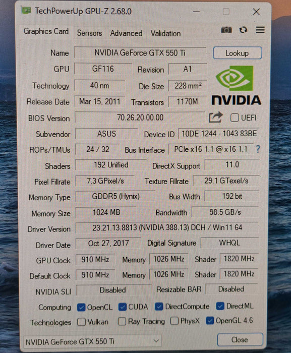 ASUS Nvidia GTX 550 Ti DirectCU 1GB GDDR5 Graphics Card