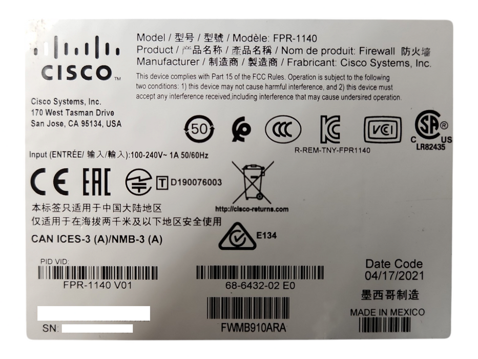 Cisco FirePower FPR-1140 V01 8-Port Gigabit 4x SFP Firewall w/ FPR1K-SSD200
