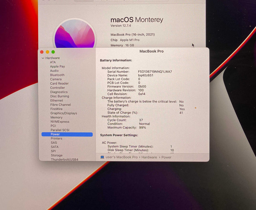 Apple MacBook Pro 16" 2021 M1 Pro 16GB RAM 512GB SSD No Power Adapter READ!