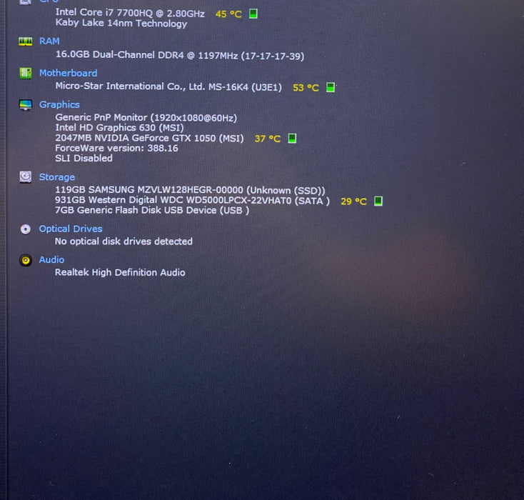 MSI Stealth GS63 7RD i7-7700HQ GTX 1050 2GB GPU 128GB SSD 1TB HDD  Lap200