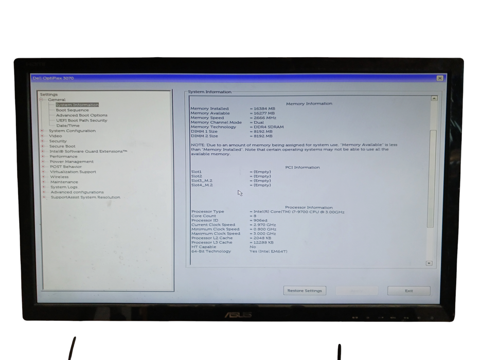 Dell OptiPlex 3070 SFF Intel i7-9700 @3.0Ghz 16GB DDR4 No HDD
