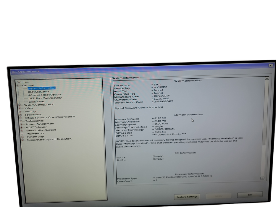 Dell Optiplex 3040 SFF Pentium G4400 @ 3.30GHz 8GB DDR4 Ram  θ