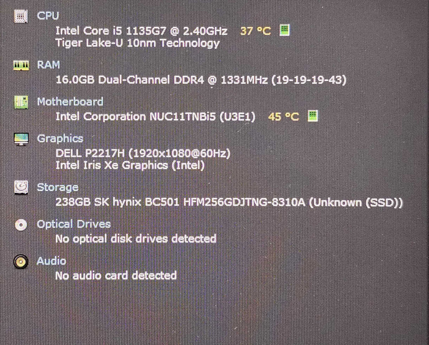 Intel NUC11TNK Mini PC, i5-1135G7 16GB DDR4, 256GB NVMe, No AC Adapter