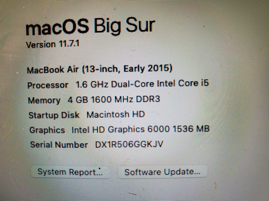 Apple MacBook Air 2015 13” 1.6GHz Core i5 4gb RAM 256GB SSD A1466