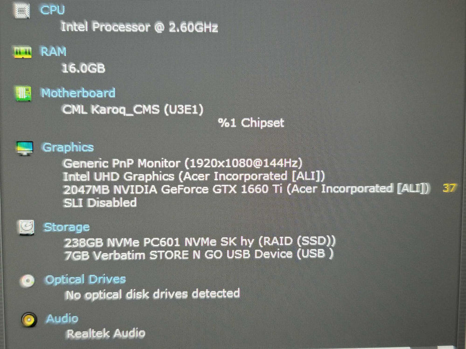 Acer Nitro 5 i7-10750H 16GB DDR4 GTX 1660 Ti 256GB NVMe NO ADAPTER  β Lap200