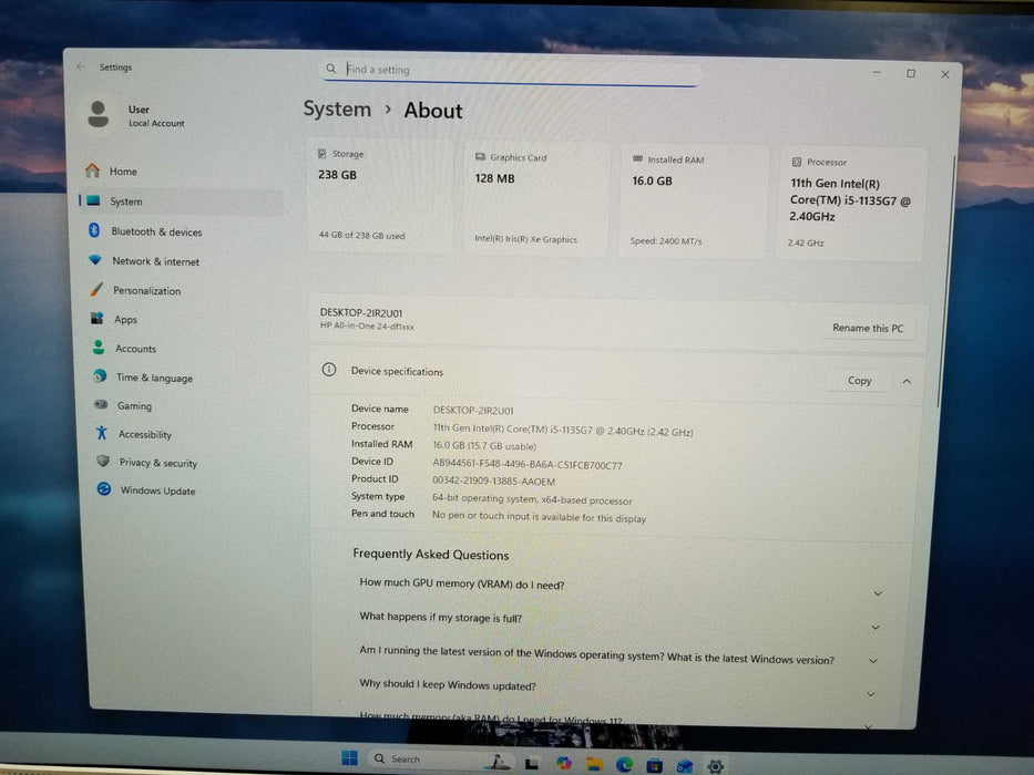 HP 24-df1129 24” AiO 11th Gen core i5-1135G7 CPU 16GB RAM 238GB NVMe w/ AC