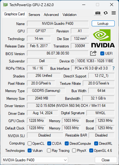 Nvidia Quadro P400 2GB GDDR5 Graphics Card 3xMiniDP