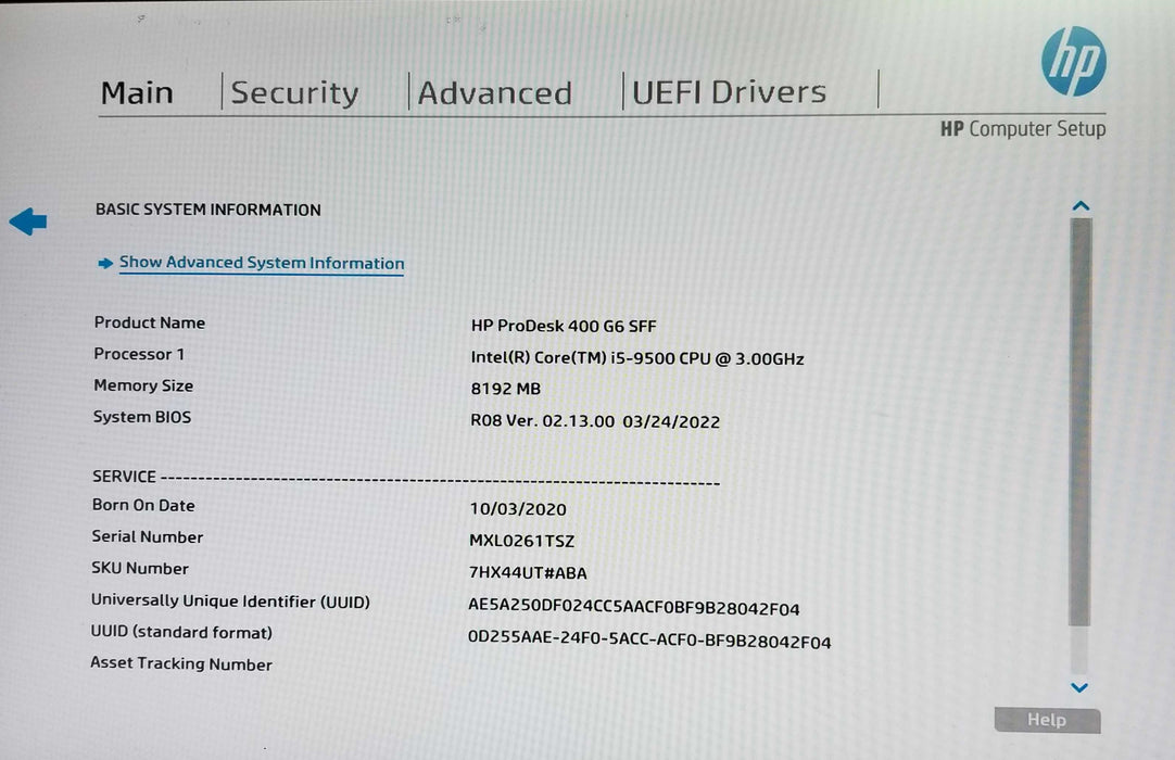 HP ProDesk 400 G6 SFF, Intel i5-9500 CPU 3.00GHz, 8GB RAM - NO HDD