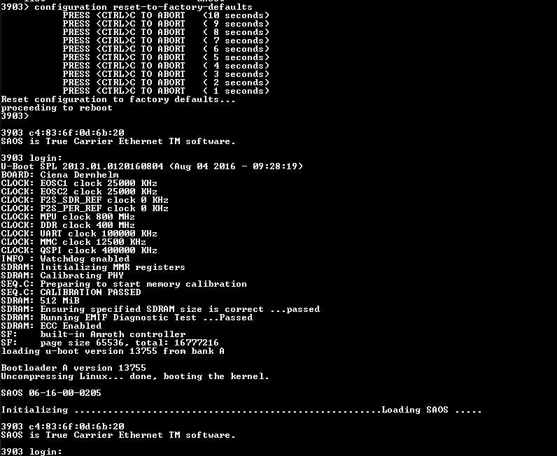 Ciena 3903 Ethernet Service Delivery Switch 170-3903-900, Factory Reset