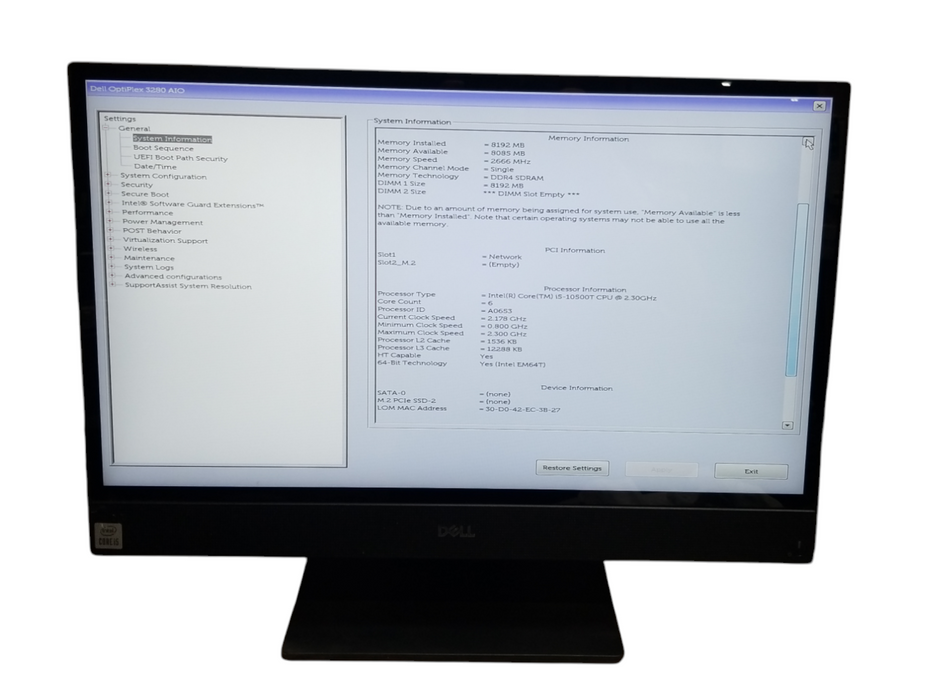 Dell OptiPlex 3280 AIO Intel i5-10500T CPU 8GB RAM No HDD 130W AC