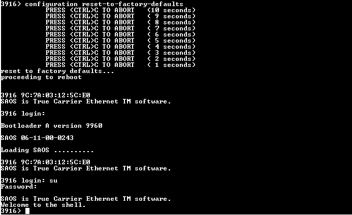 Ciena 3916 Series Service Delivery Switch 170-3916-904, Factory Reset