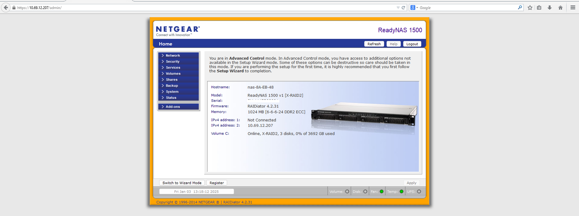 ReadyNAS 1500 4-Bay NETWORK STORAGE Model: RNRX442E w/ 3x 2TB HDD