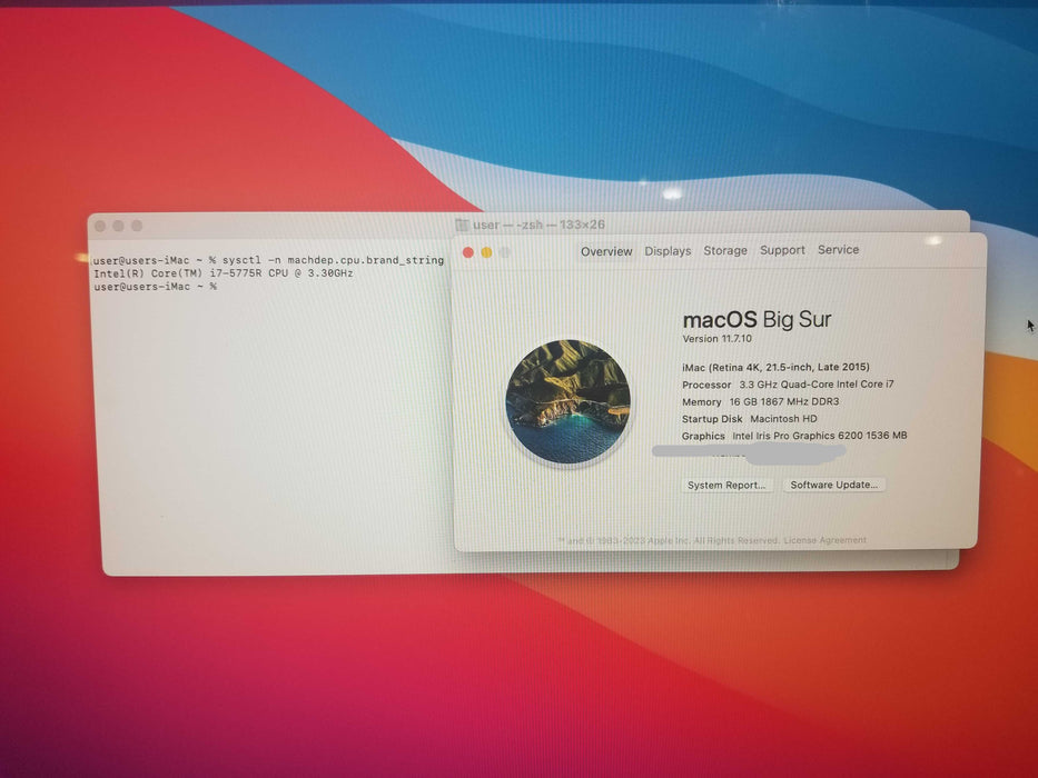 Apple iMac Retina 4K 2015 21.5", i7-5775R CPU 3.30GHz 16GB RAM 1TB Read