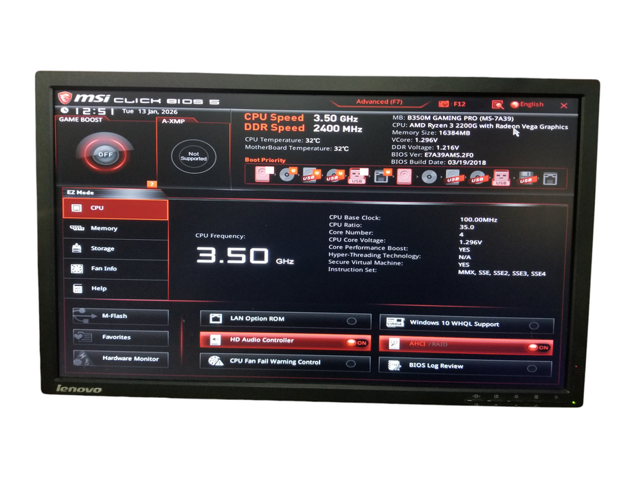 Custom PC MSI B350M-Gaming-Pro AMD Ryzen 3 2200G 16GB RAM 256GB SSD