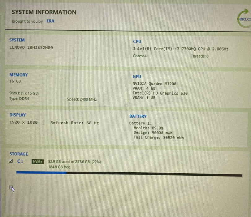 Lenovo ThinkPad P51 i7-7700HQ QUADRO M1200 4GB GPU 16GB RAM 256GB SSD  Lap200